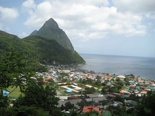 Pitons View from restaurant/hotel in Soufriere, St. Lucia